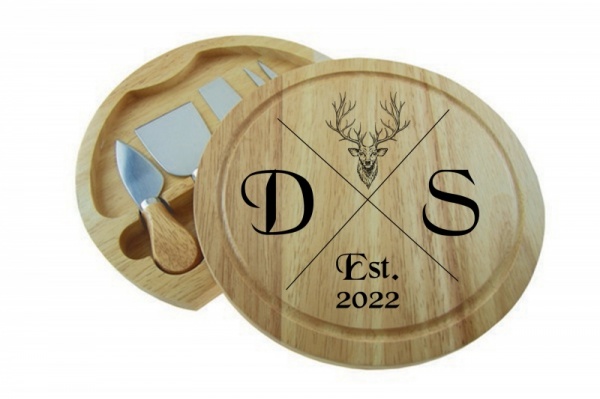 Personalised Round Cheese Board & 4 Pce Knife Serving Set - Stag