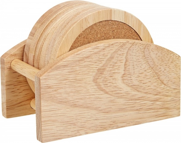 Rubberwood Coaster Set with Stand