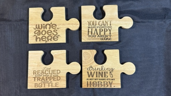 Set 4 Wine Themed Rubberwood Jigsaw Coasters