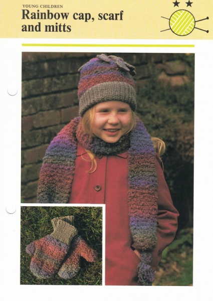Vintage Hamlyn Knitting Pattern: Rainbow Cap, Scarf & Mitts