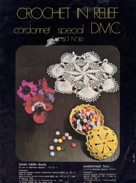 Vintage DMC Crochet Pattern 30: Swan Table Doyly & Sweetmeat Box