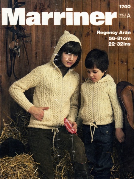 Vintage Marriner Knitting Pattern No 1740: Childs Hooded Aran Jacket