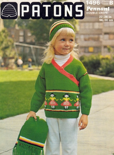 Vintage Patons Knitting Pattern 1496: Girl's Sweater, Scarf & Hat