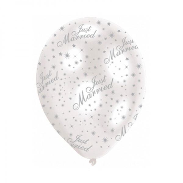 Pearl White & Silver Text Just Married Balloons ~ Pack of 6