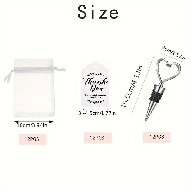 Silver Heart Wine Bottle Stopper, Organza Bag & Gift Tag - Pk 12 Stoppers