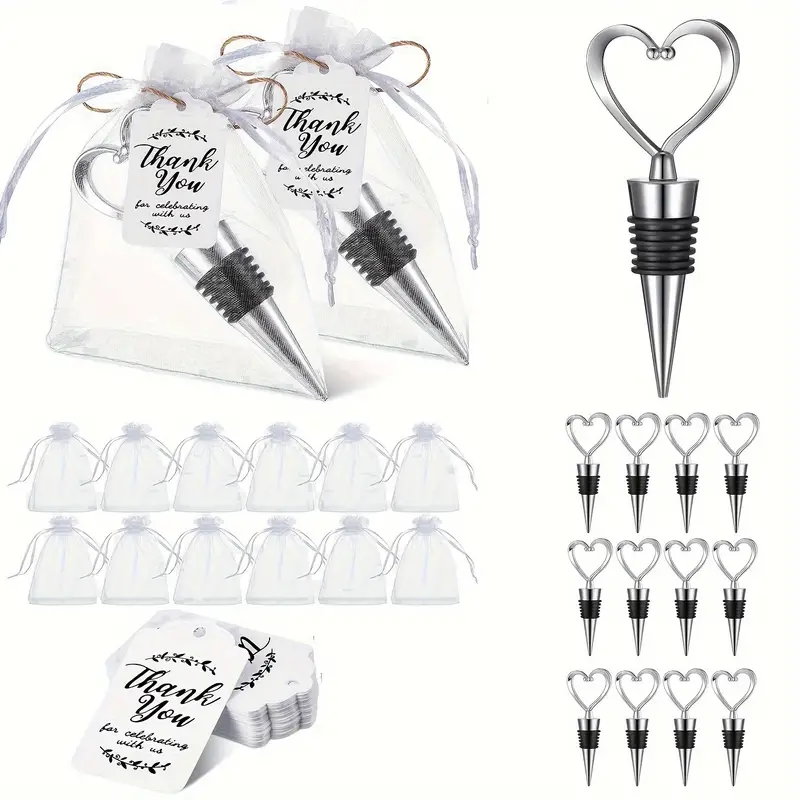 Silver Heart Wine Bottle Stopper, Organza Bag & Gift Tag - Pk 12 Stoppers