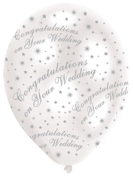 Pearl White & Silver Text Congratulations on Your Wedding Balloons, Pack of 6