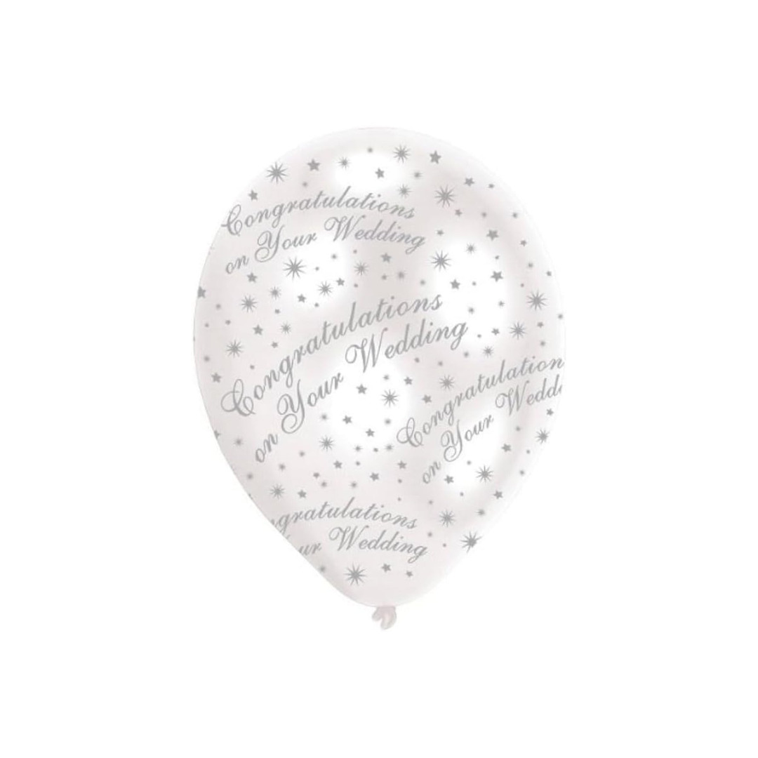 Pearl White & Silver Text Congratulations on Your Wedding Balloons, Pack of 6