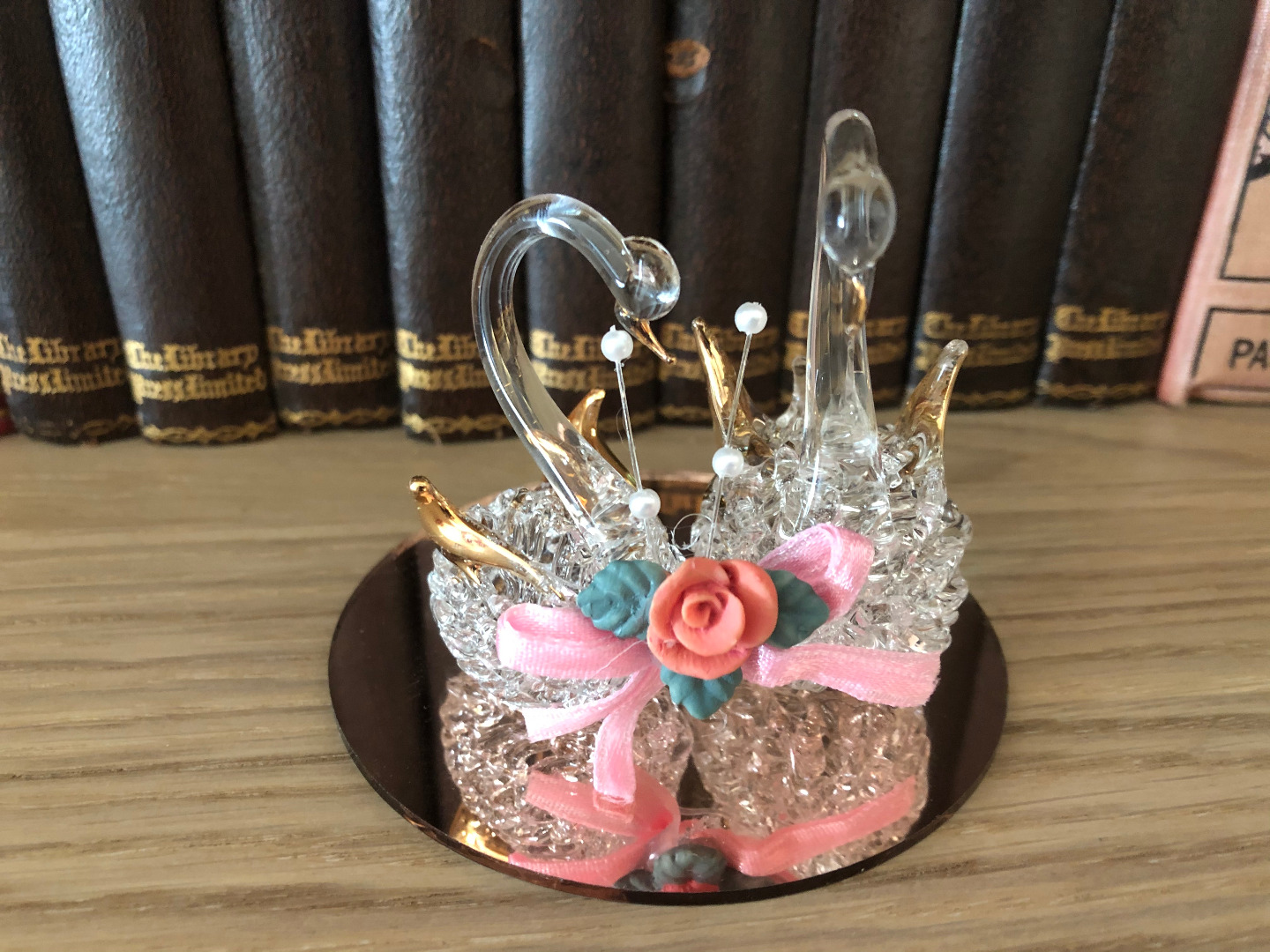 Rose Gold Crystal Swans on Mirror Base