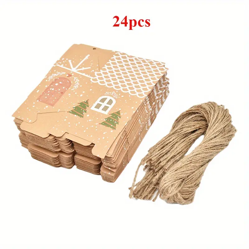 Festive Christmas House Advent Gift Boxes with Twine - 24pcs