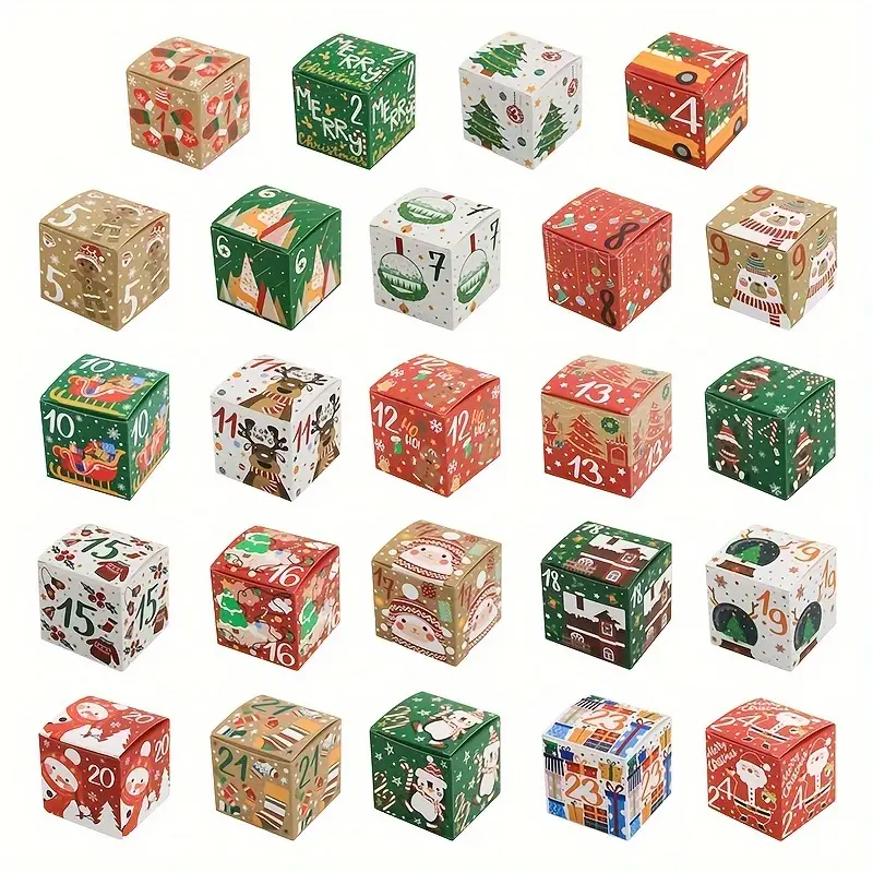 Festive Red & Green Numbered Christmas Advent Calendar Gift Boxes - Set 24