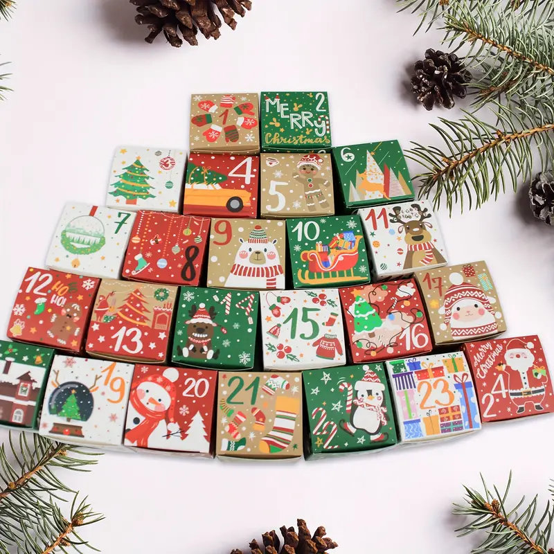 Festive Red & Green Numbered Christmas Advent Calendar Gift Boxes - Set 24