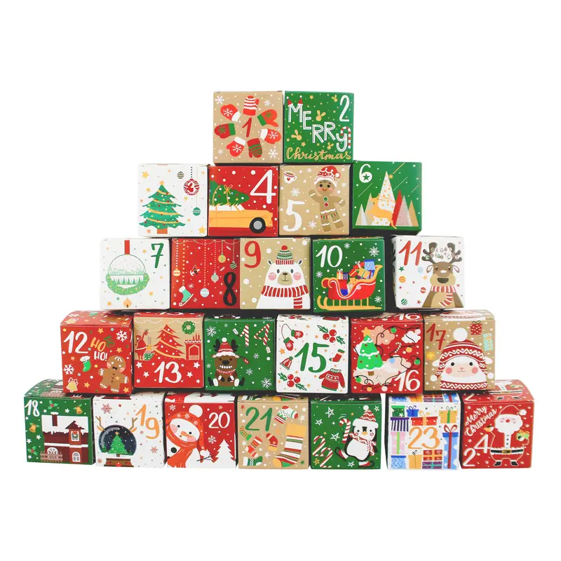 Festive Red & Green Numbered Christmas Advent Calendar Gift Boxes - Set 24