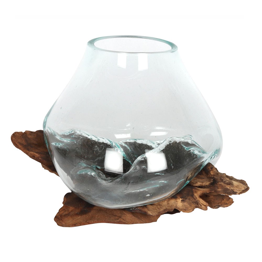 Large Molten Glass Bowl on Root Wood Stand