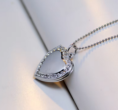 Personalised Silver Heart Photo Locket & Necklace - Diamante Design