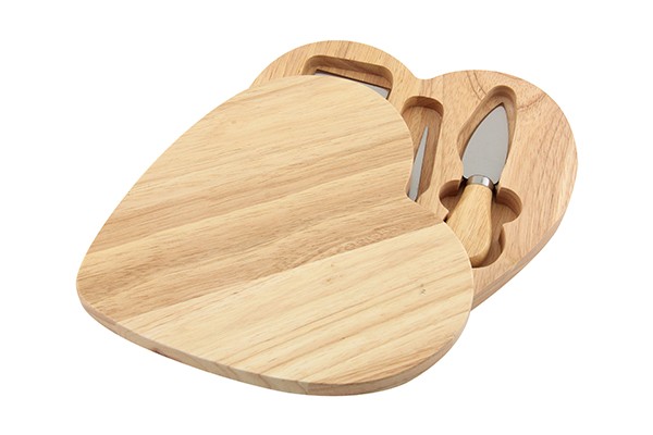 Rubberwood Heart Shaped Cheese Board with 3 Piece Accessory Set