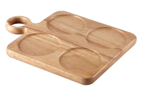 Rubberwood Dip Serving Board Platter For 4 Ramekins