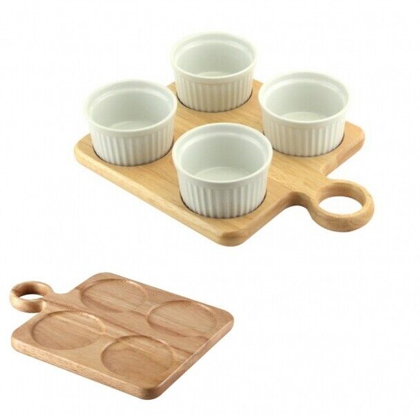 Rubberwood Dip Serving Board Platter For 4 Ramekins