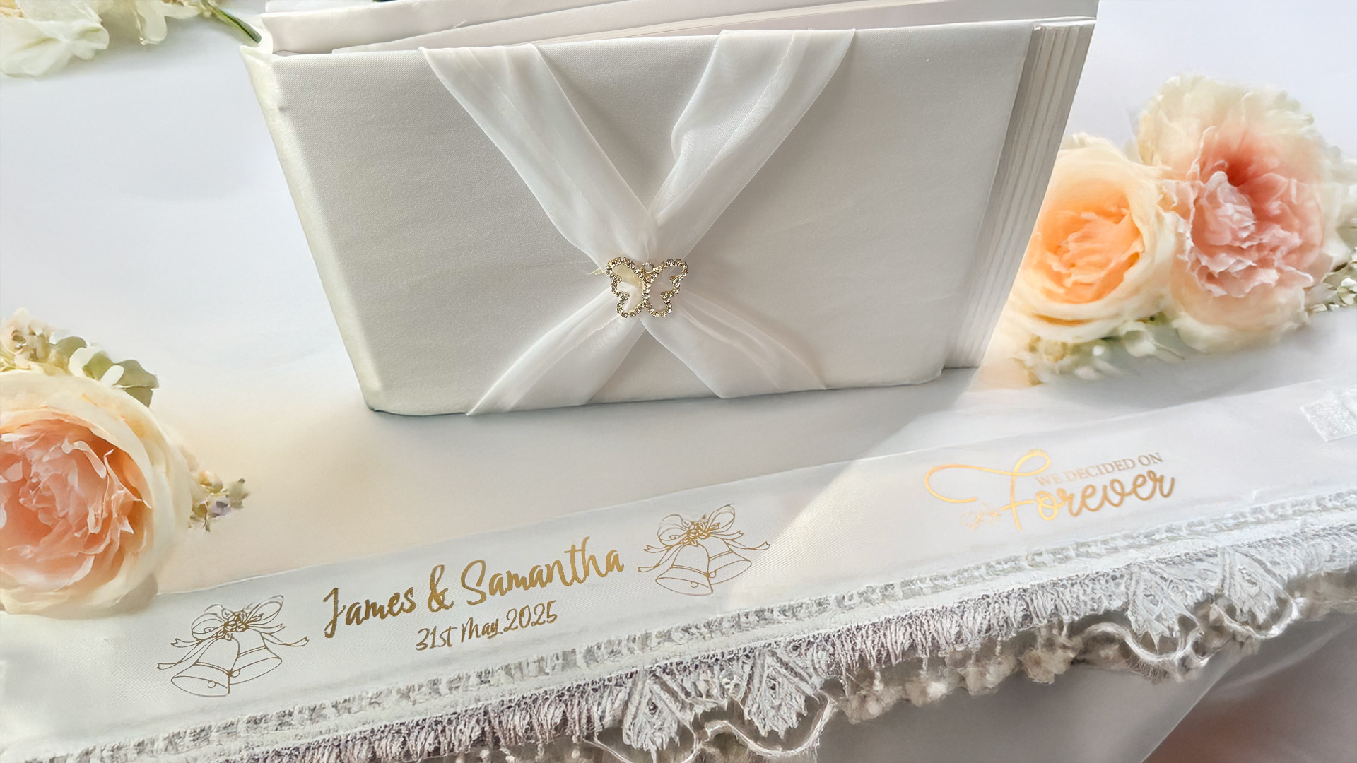 Personalised Satin Wedding Guest Book with Organza Sash & Rhinestone Embellishment - Ivory or White