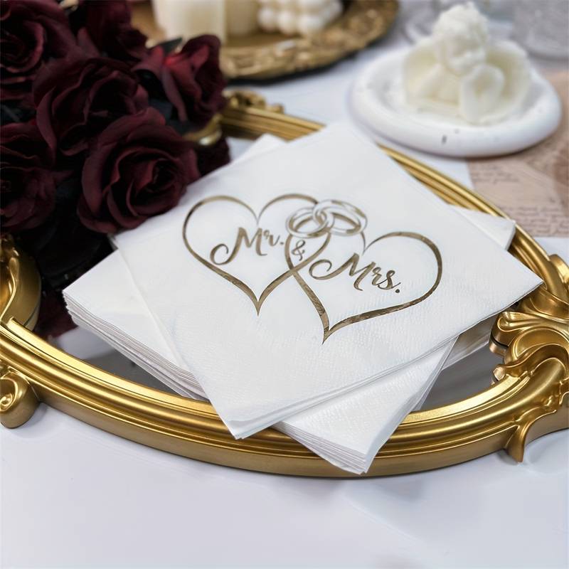 Mr & Mrs Interlocking Hearts & Rings Napkins, Pk 16