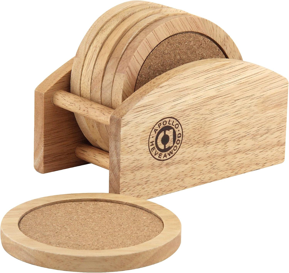 Rubberwood Coaster Set with Stand