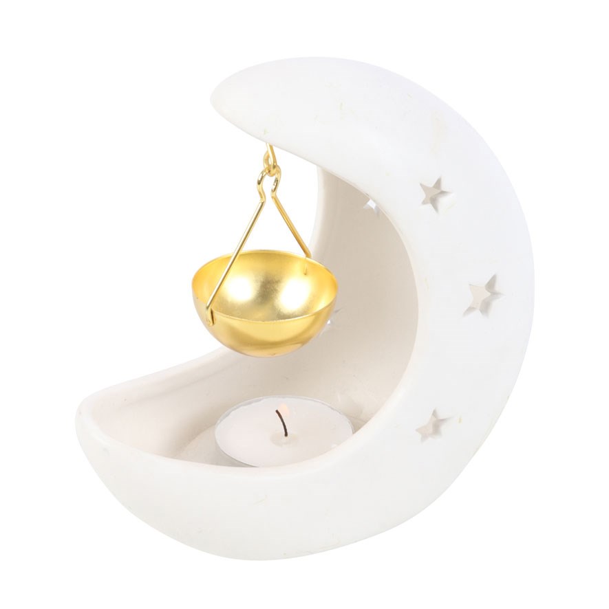 White Crescent Moon Hanging Ceramic Oil Burner with Gold Metal Dish