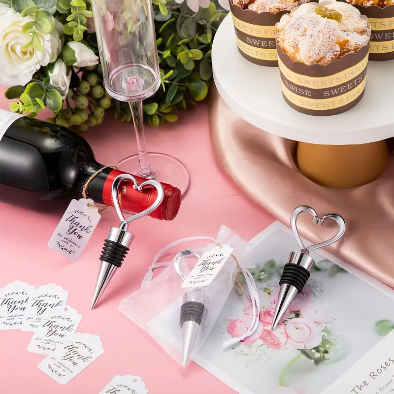 Silver Heart Wine Bottle Stopper, Organza Bag & Gift Tag - Pk 12 Stoppers