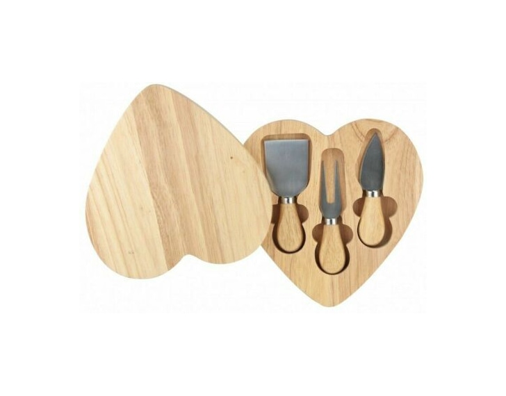 Rubberwood Heart Shaped Cheese Board with 3 Piece Accessory Set