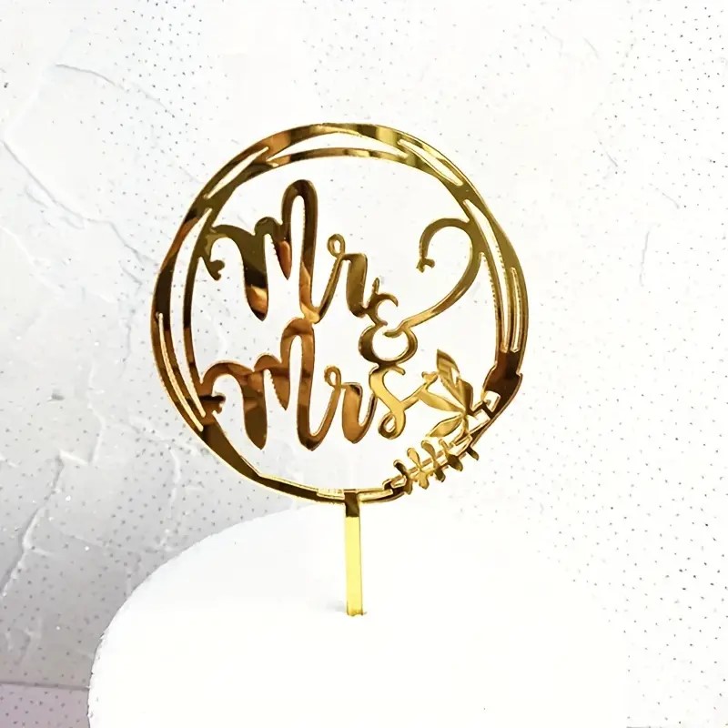 Mr & Mrs Round Gold Cake Topper, Wedding Cake Decoration