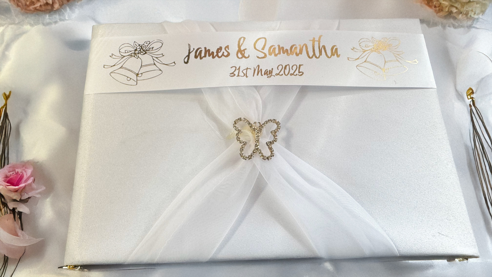 Personalised Satin Wedding Guest Book with Organza Sash & Rhinestone Embellishment - Ivory or White