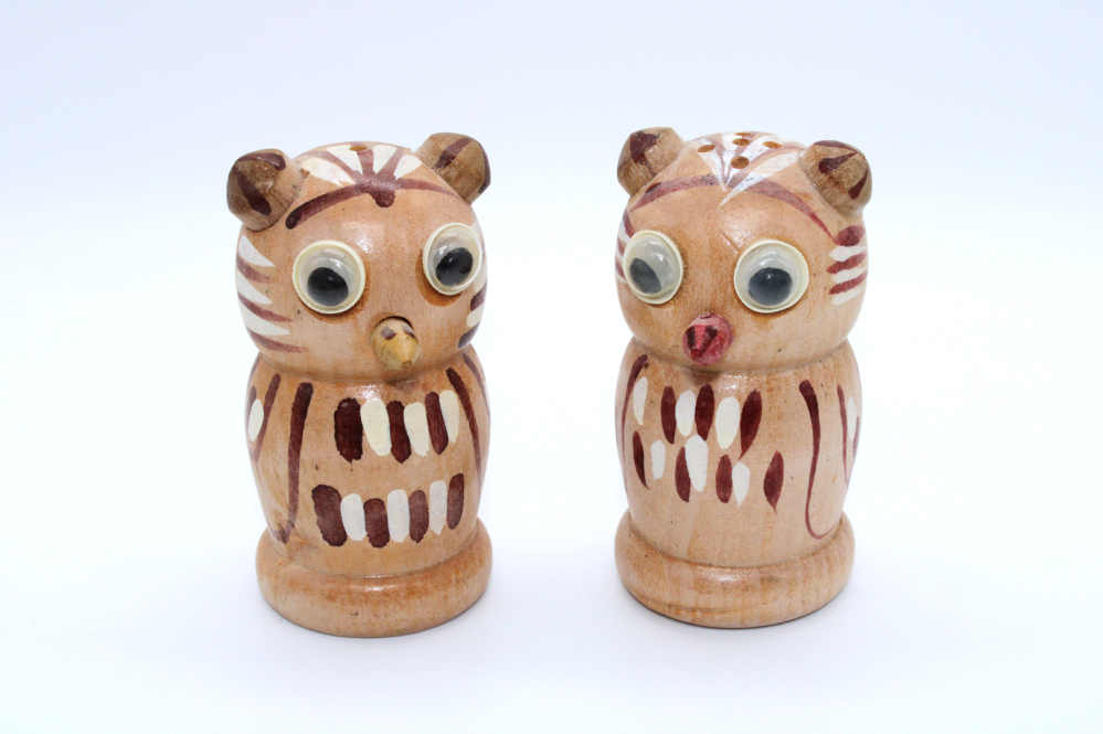 Vintage Turkish Hand Carved Wooden Owl Salt & Pepper Set