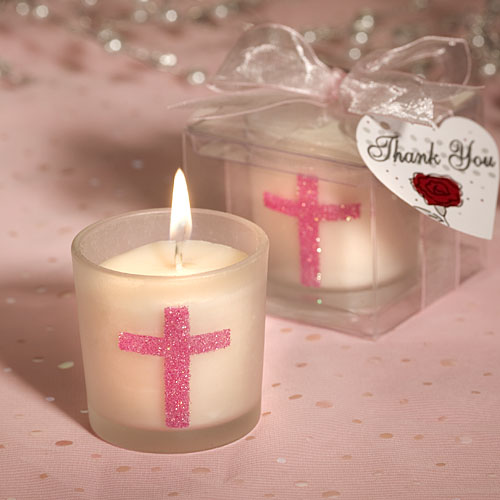 Frosted white glass votive holders with pink sparkling cross