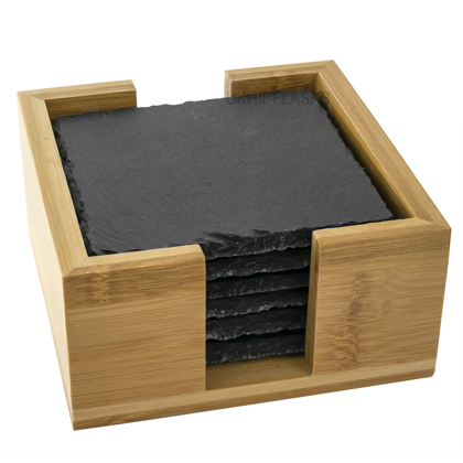 Slate Coaster Set with Bamboo Holder