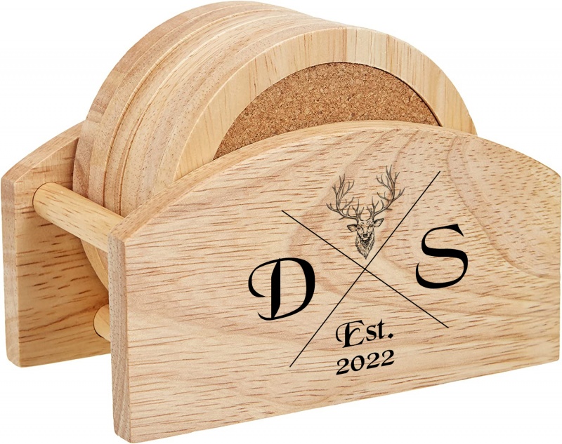 Personalised Rubberwood Coaster Set with Stand - Stag