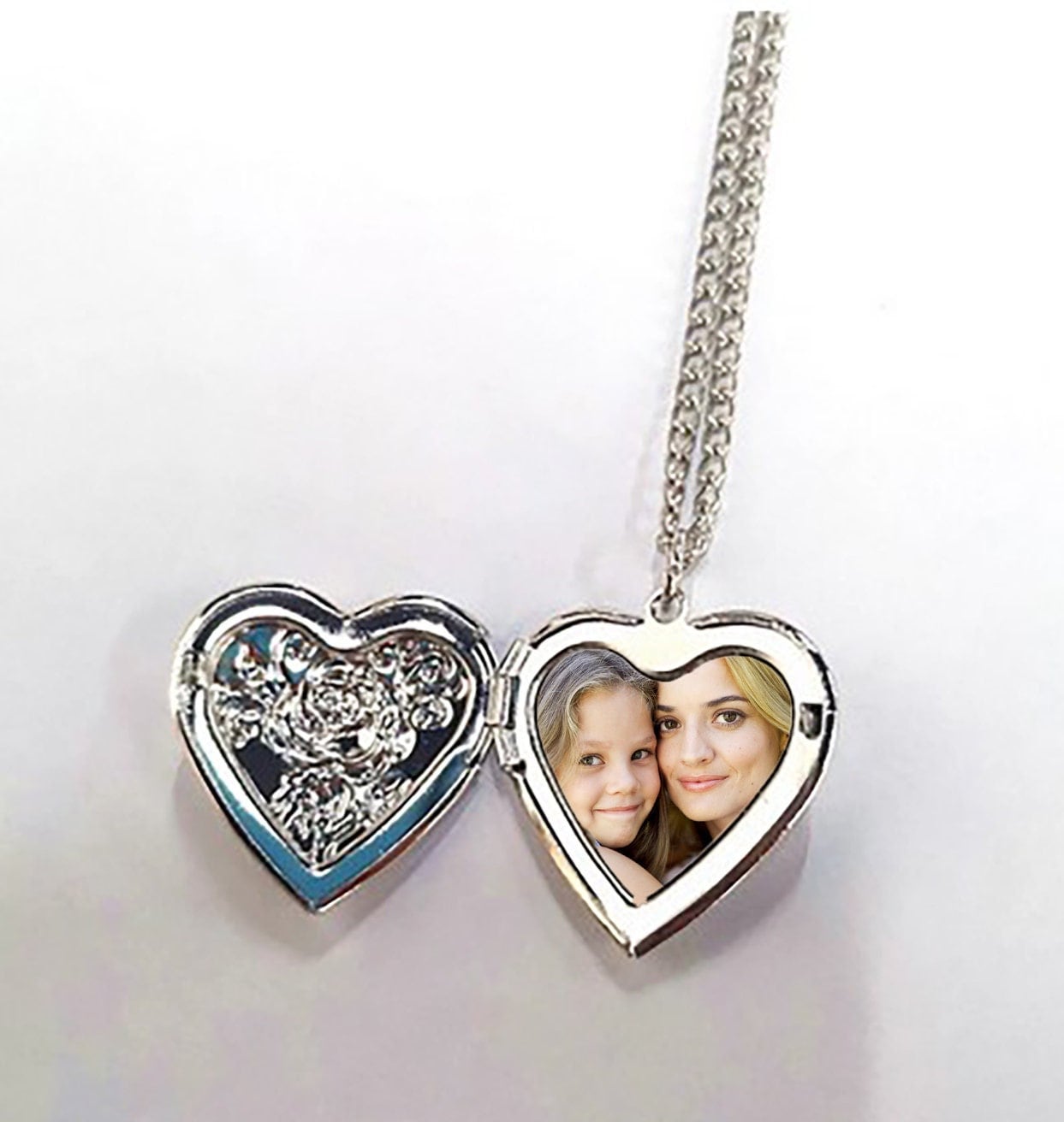 Personalised Silver Heart Photo Locket & Necklace - Rose Design