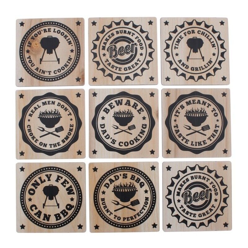 Set of 9 Dad's BBQ Wooden Coasters